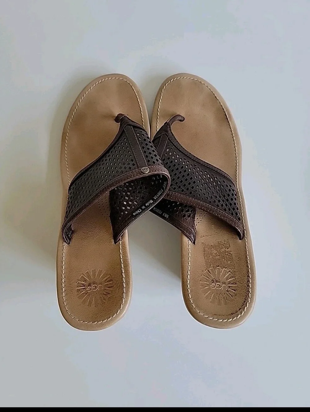 UGG Solena Wedge Sandals Brown Leather Lattice - Open Toe